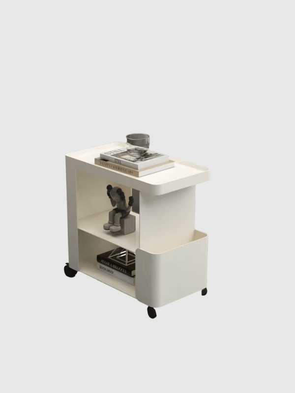Office home Light luxury living room movable wrought iron home sofa side few computer desk side small storage rack bedside Side Table Trolley in cream milk white color on roller Castor coaster wheels with shelving, tray top and rack