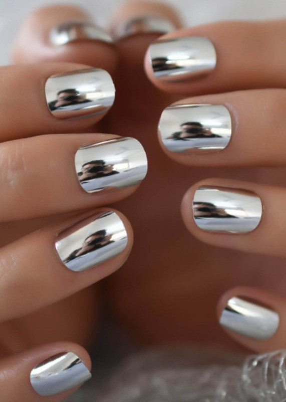 Shiny Punk Style Metallic Light Purple False Fake Nails Metal Plating Acrylic Short Reflective Mirror Press on Nail Art Tips Beauty and Skincare False Nails TrendIng