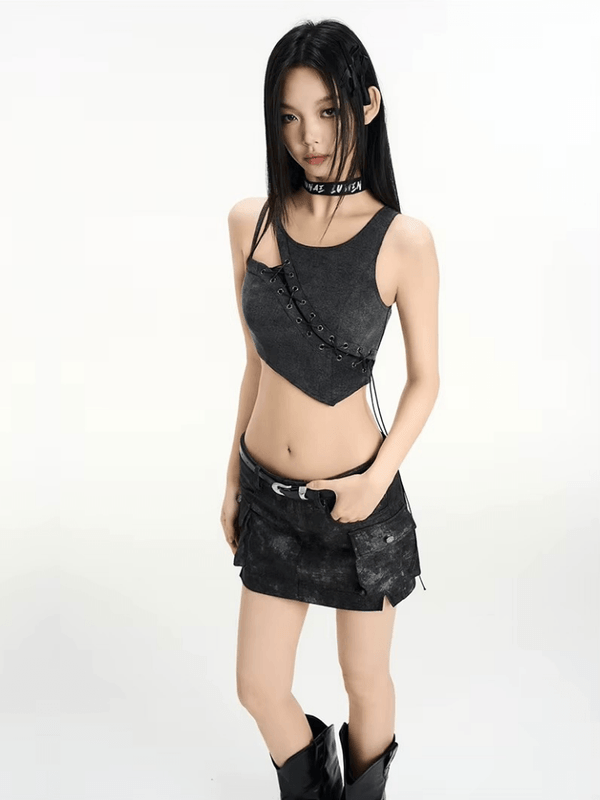 Women’s woman womens petite-, tall-, size Indie Off-Shoulder Tube IUNAE LUMEN Original Design sleeveless Summer Holiday vacation getaway evening party American design streetwear Denim Strap Vest Cotton Blend short cropped Length in black Color