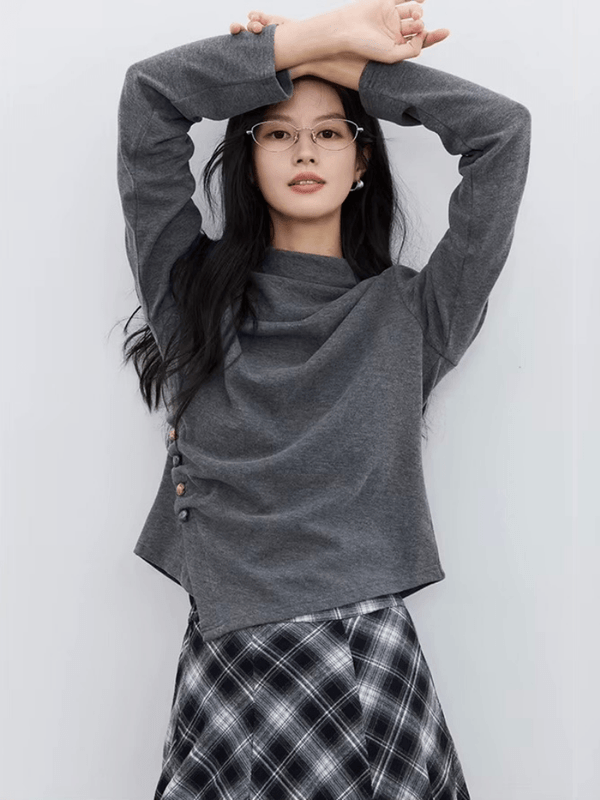 Women’s woman womens petite-, tall-, size Classic Viscose cotton-blend Thiened loose fit High Collar Beaded Base Long sleeves T-Shirt Spring summer Fall Autumn wfh office Commute workwear Simple Straight Tube Tops in Gray grey