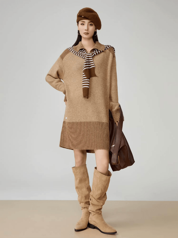 Women’s woman womens petite-, tall-, plus-, size Classic Vintage turn-down Collar Long Sleeves Ribbed midi Sweater Dress Lazy Style Commute wfh office workwear Inner Wear Base Dresses Fall Autumn Spring Casual Pure Color match in Khaki beige