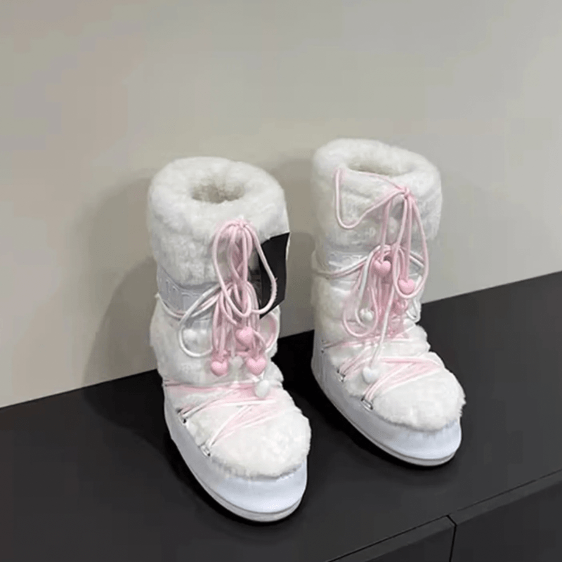 Women’s woman womens petite-, tall-, plus-, size Y2k Bjangxumo Winter fashion thickened Warm Crossed Strap Slimming High Top Korean Style Snow Tie Moon Boots in white with pink