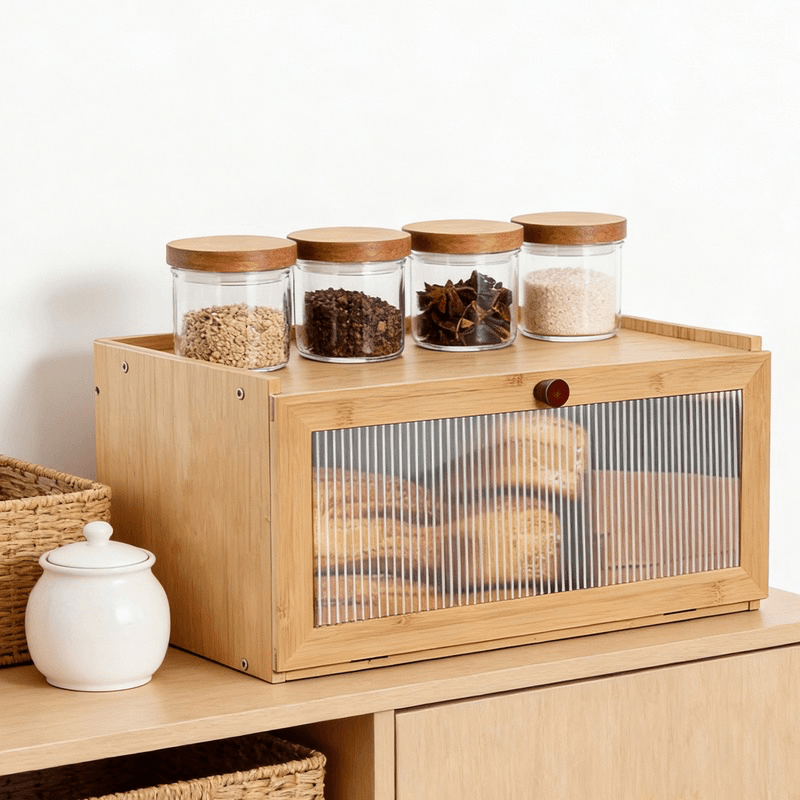 Kitchen office home Farmhouse Bamboo wooden Bread Box, Kitchen Countertop - Large Capacity with Acrylic Window & Extra Top Storage Boxes in natural light wood color