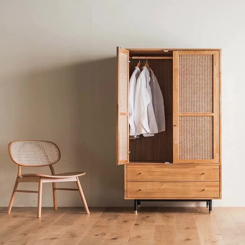 Office Home Bedroom Rattan Solid Wood Wardrobe Bedroom Cabinet Storage Locker Double Door Hanging Wardrobes Storage furniture in natural light wood color