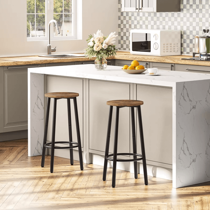 Office home Kitchen Dining round Bar Stool 2-Piece Breakfast Round Bar Chairs Pub stools with Footrest Sturdy Metal Frame for Dining Room Set Furniture In natural wood and black metal