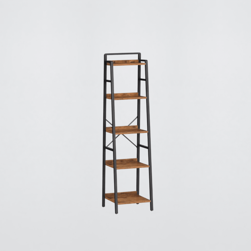 Home Office Ladder Shelf Tall Narrow Bookcase 5-Tier Book Shelf with Metal Frame Tall Storage Shelf Industrial Storage Unit Bookcases shelving furniture in natural dark brown with black