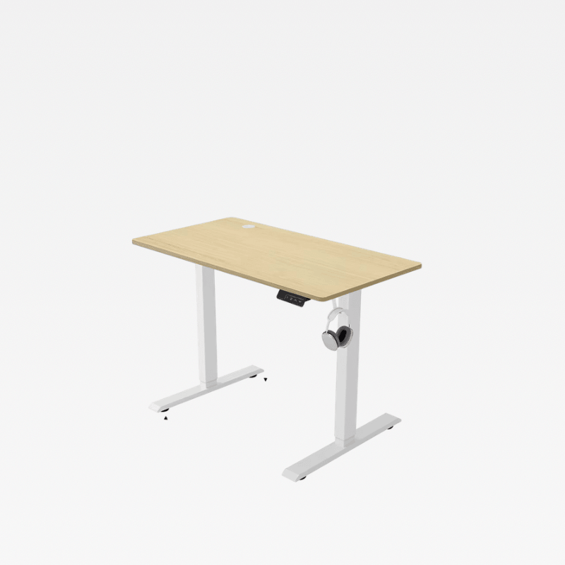 Office Home study room JC Electric Lifting Computer Sitting Standing Desk Single Motor with headphone hook rest Electrical desks furniture in natural light wood with white frame