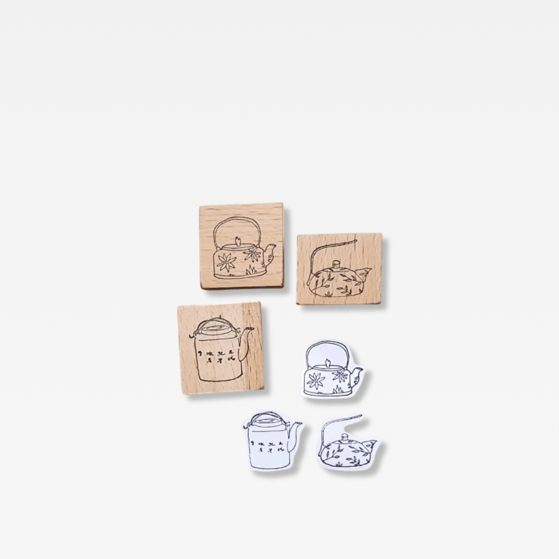 Office Home Tourism souvenir Japanese wooden Stamp Scrapbooking Ukiyo Japan Travelogue Vintage Scrapbook Journaling Diary Decoration Wood Notebooks Stamps seals Japan souvenirs 3-Piece set tea-pot ceremony  in natural light wood
