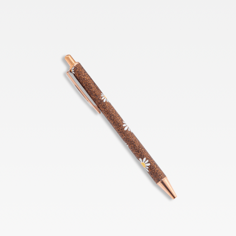 Office Home School kawaii cute writing Ballpoint Pen metal Stationery supply Pens in brown with white yellow daisies floral daisy flowers