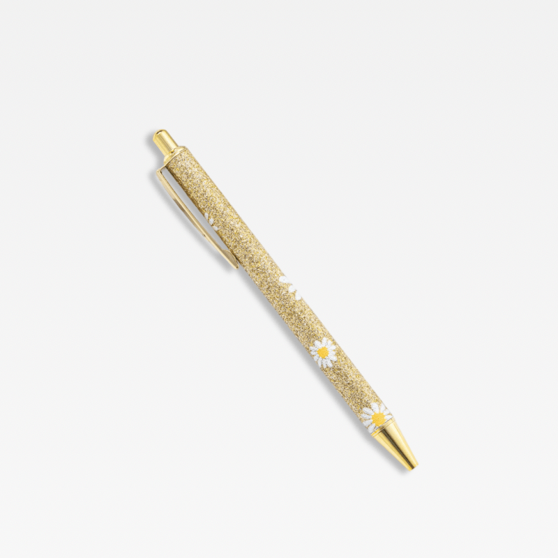 Office Home School kawaii cute writing Ballpoint Pen metal Stationery supply Pens in golden color with white yellow daisies floral daisy flowers