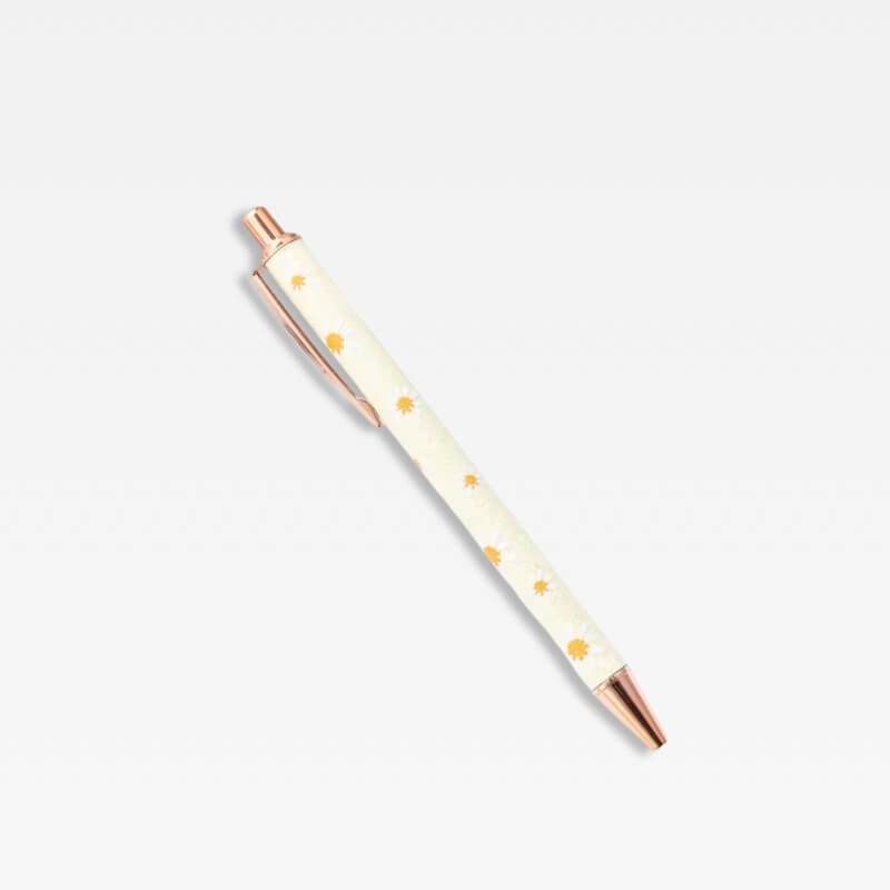 Office Home School kawaii cute writing Ballpoint Pen metal Stationery supply Pens in light pink color with light yellow daisies floral daisy flowers