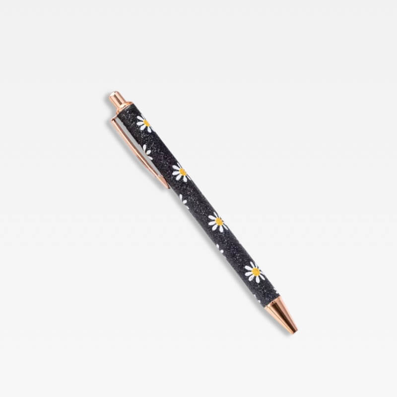 Office Home School kawaii cute writing Ballpoint Pen metal Stationery supply Pens in black color with white and light yellow daisies floral daisy flowers