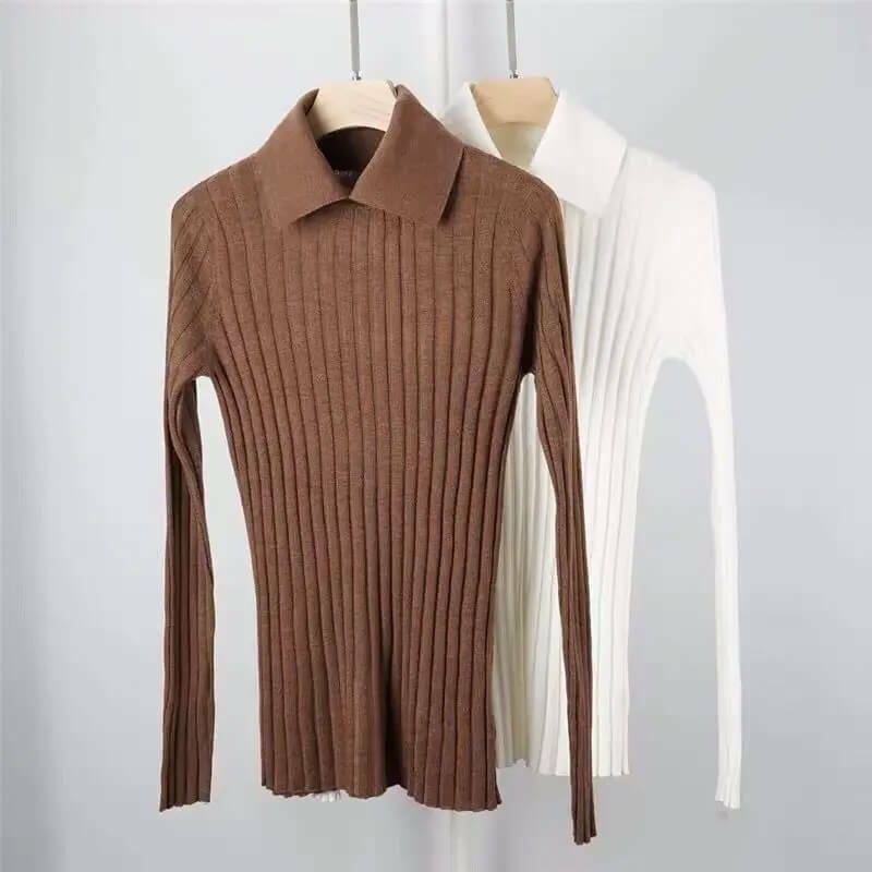 Silk Cashmere Rib Top Women’s Spring Base ribbed Blouse Shirts Full Sleeves Wool Turn-Down Collar Slim Elastic Casual commuter workwear petite size womens Tops woolen Blouses for woman in white, auburn brown