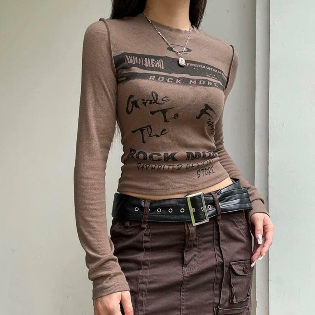 Crewneck Crop Top brown   Women’s Vintage Print Skinny slim fit Grunge Y2K Long Sleeves Round O-Neck Pullovers T-Shirt Basic Tees Aesthetic Tops T-Shirts for woman Fall autumn spring womens fashion season