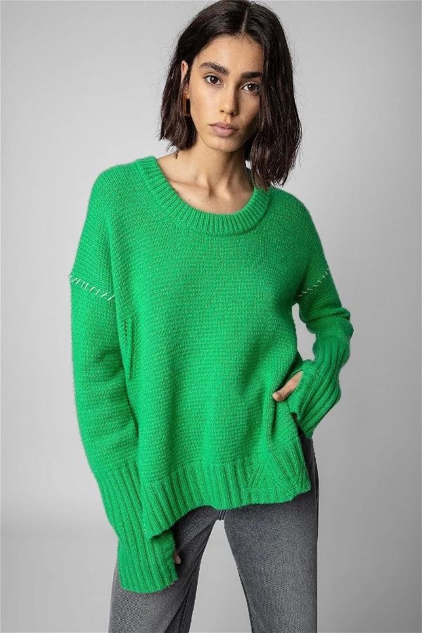 Cashmere Sweater green Women's 100% Hand-woven ribbed striped Scoopneck round O Collar Casual Knit Pullover Long-sleeves Pullovers Sweaters for woman Fall Autumn Winter Spring womens fashion season