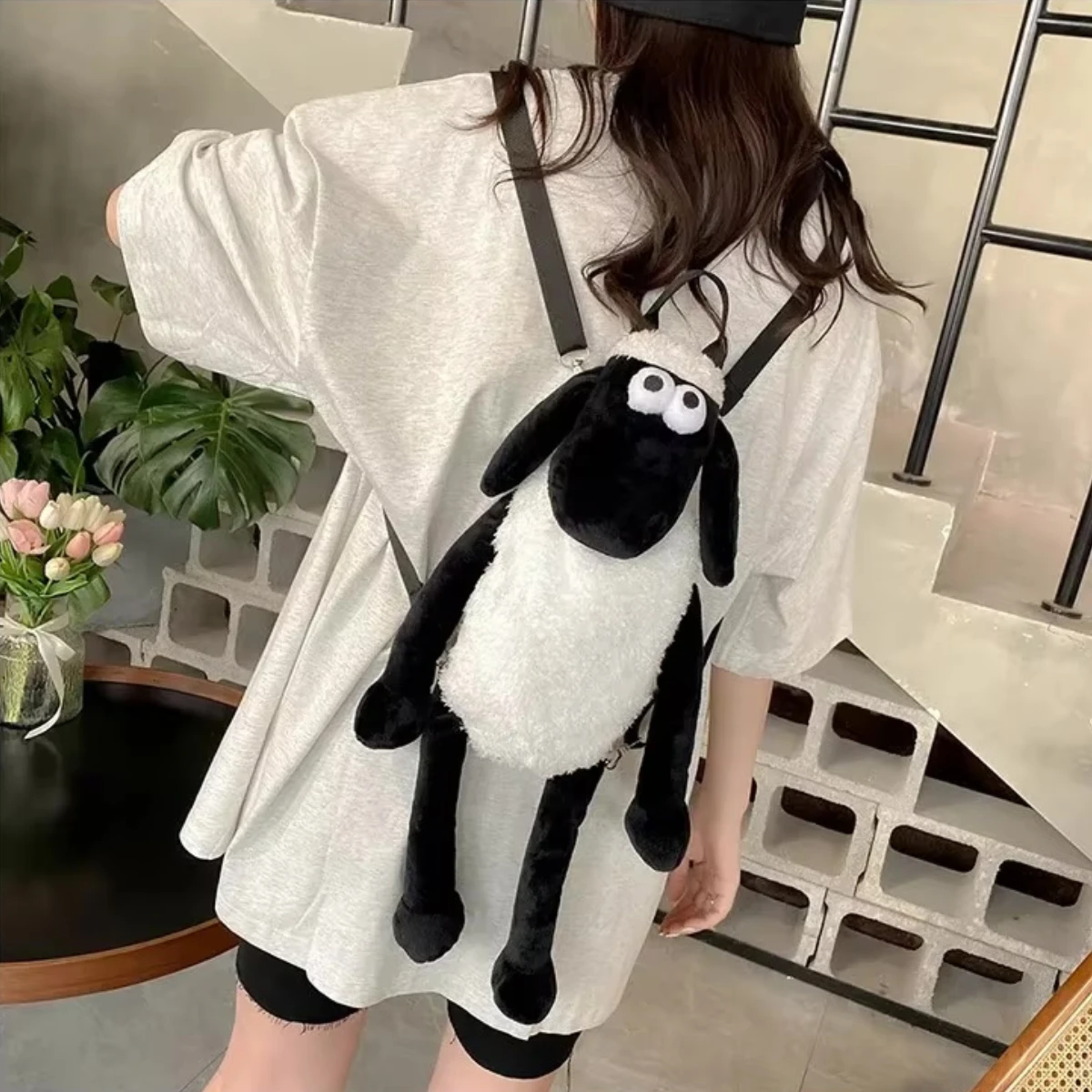 Women’s woman womens Men’s man mens Unisex Genflex Gender Neutral Genderfluid Kawaii anime cute cartoon Shawn The Sheep design Summer plush multi-purpose commuting shoulder bag summer for girl Gifts with shoulder strap Vacation Beach Party bags in white with black color