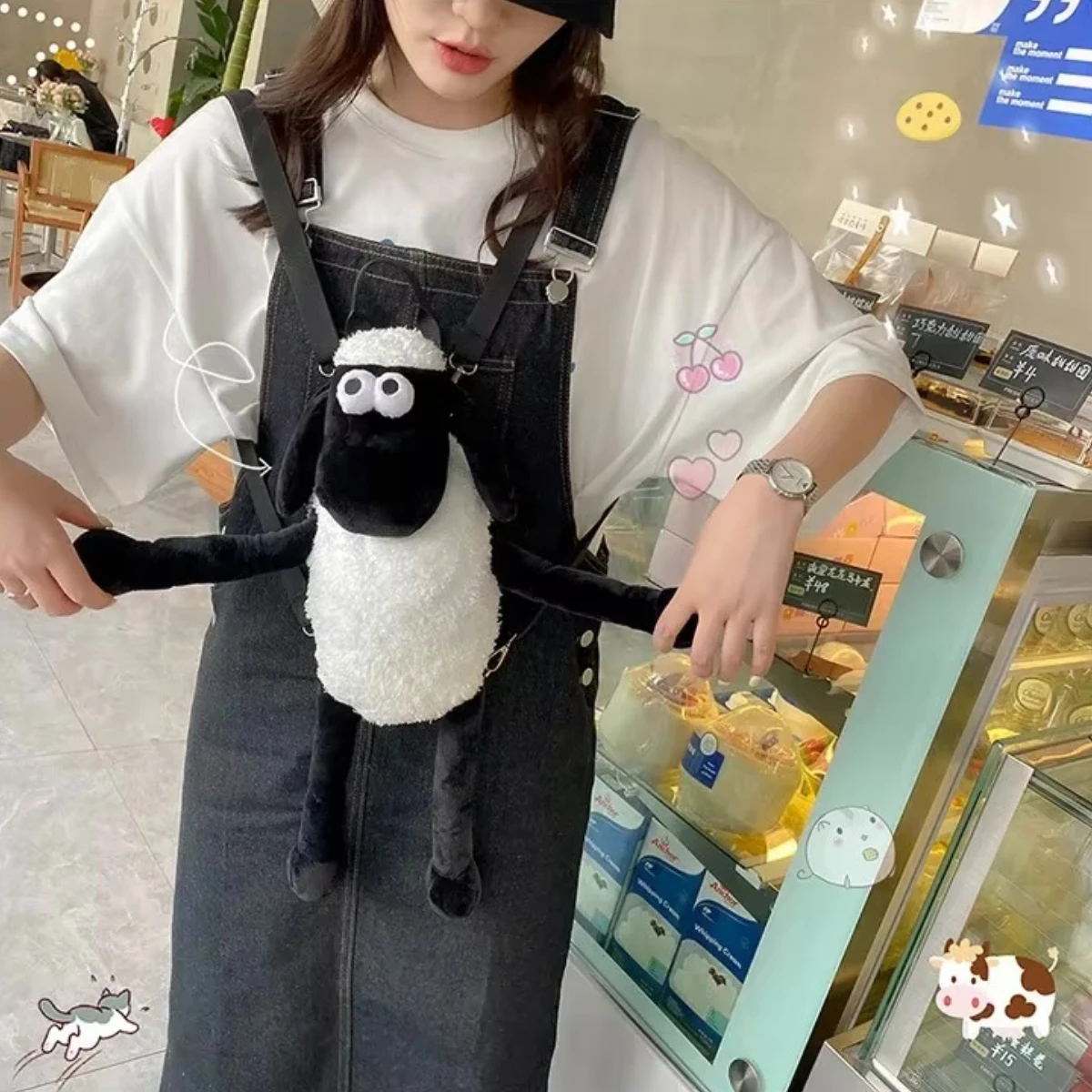 Women’s woman womens Men’s man mens Unisex Genflex Gender Neutral Genderfluid Kawaii anime cute cartoon Shawn The Sheep design Summer plush multi-purpose commuting shoulder bag summer for girl Gifts with shoulder strap Vacation Beach Party bags in white with black color