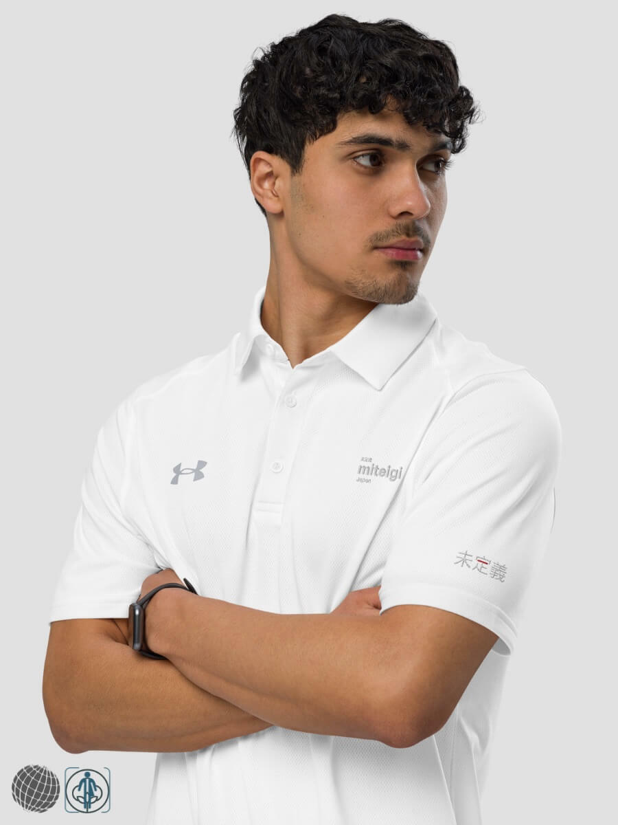 Under Armour® x miteigi Logo Polo Shirt     Men's Casual Short Sleeves Button Up Loose Vintage Tops Shirts for man Summer plus size mens Business workwear Fashion in white with Gray grey platinum red logo 