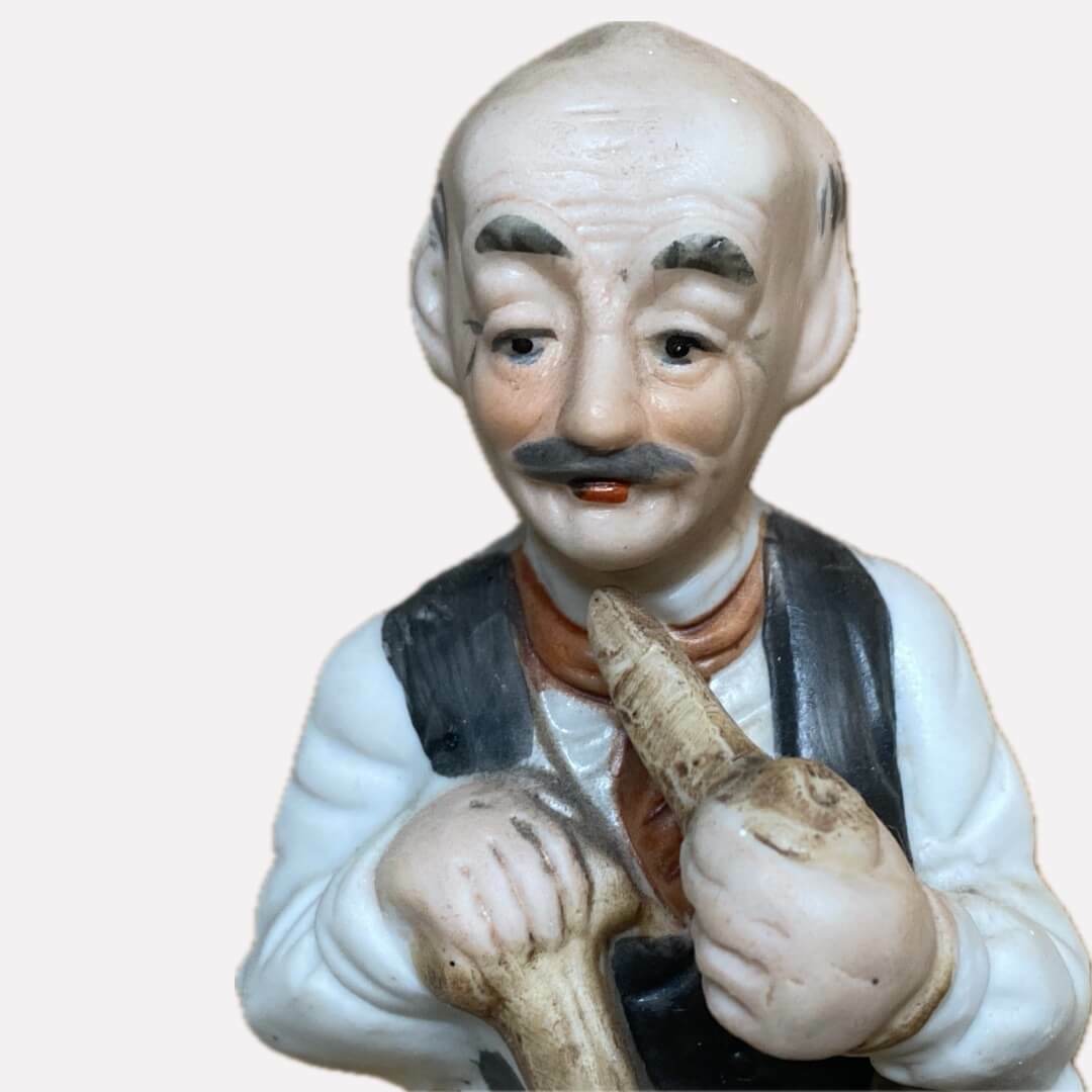Bisque Porcelain Man with Walking Stick cane and smoking pipe  Vintage Grandfather Figurine Made in Taiwan ceramic granddad collection Elderly old gentleman Collectors decorative objects home decor classic antiques