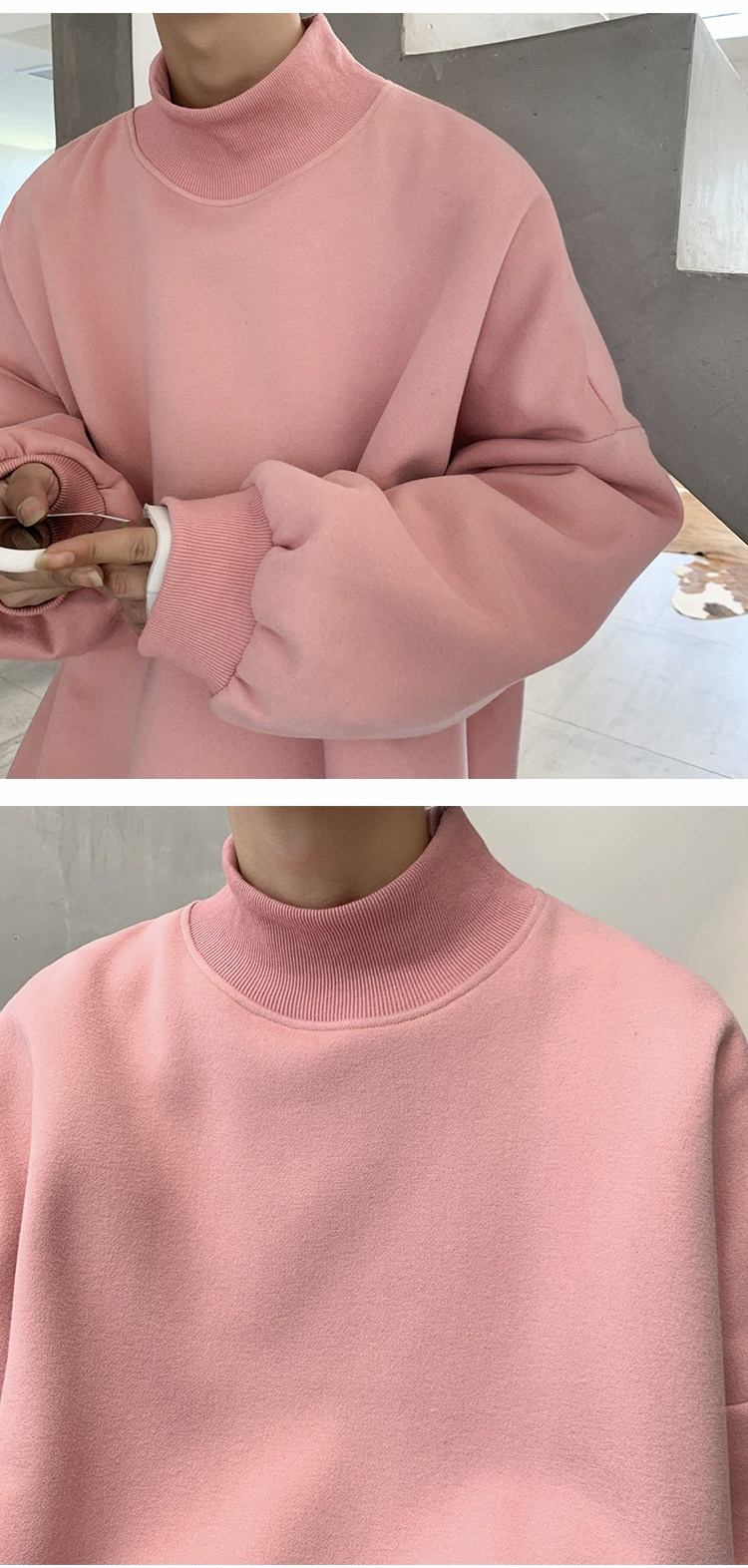 Classic Turtleneck Sweatshirt  Men's Autumn Winter Solid Color Male Japanese Jumpers Casual Unisex Anywear Mens Women’s Japan Pullovers Sweatshirts Plus Size for Man Woman in pink
