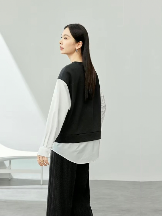 Crewneck Sweatshirt 2-in-1      Women’s contrast patchwork long sleeves Tops  for woman in black and white accents Spring round O-neck female pullover petite-  plus-, size womens crew neck oversized sweatshirts #141A53791