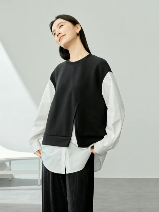 Crewneck Sweatshirt 2-in-1      Women’s contrast patchwork long sleeves Tops  for woman in black and white accents Spring round O-neck female pullover petite-  plus-, size womens crew neck oversized sweatshirts #141A53791