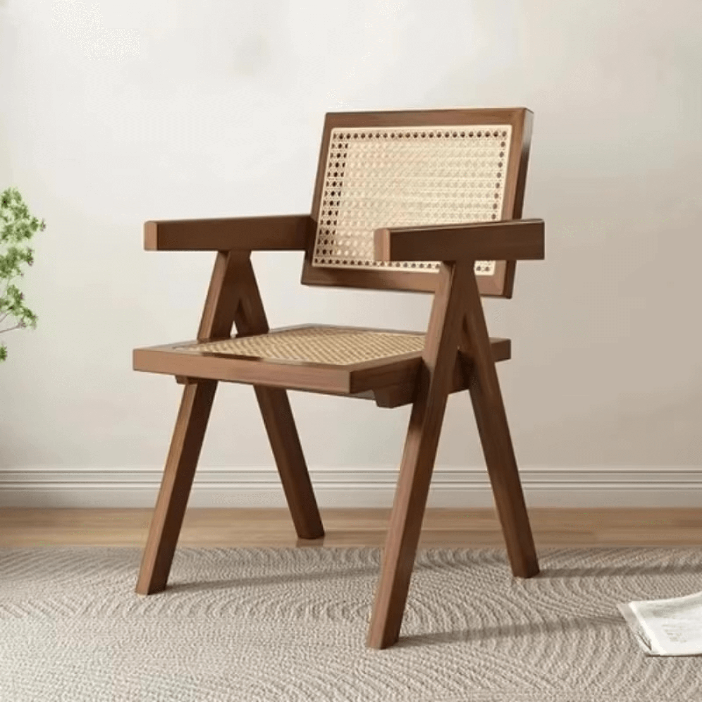 Stylish Japanese Rattan Dining Chair with Solid Oak Wood Legs for Modern Office Restaurant Home Decor Minimalist Dining Chairs with Rattan Backrest furniture in Walnut