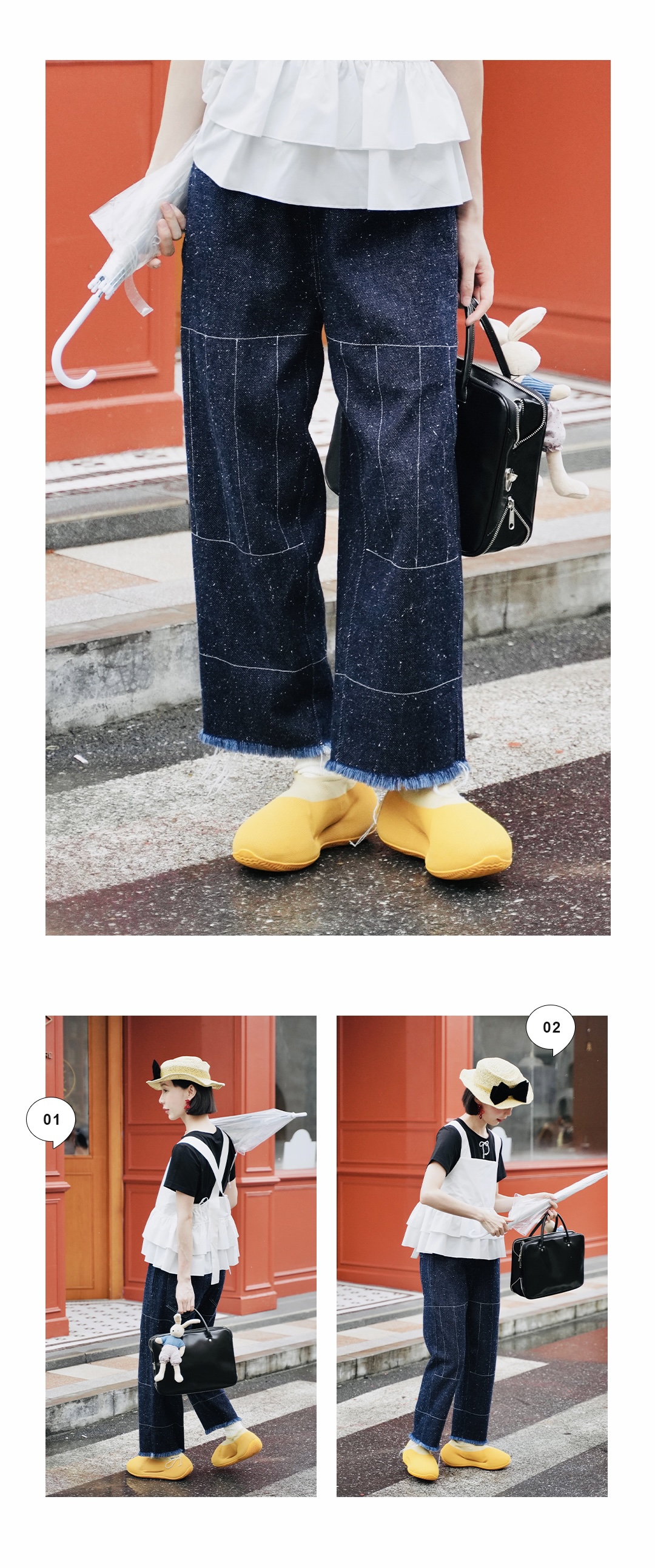 Raw-Edge Mid Rise Denim Pants Women’s Japanese original washed raw edge wide-leg pants loose long women Japan Blue tassel jeans for Woman