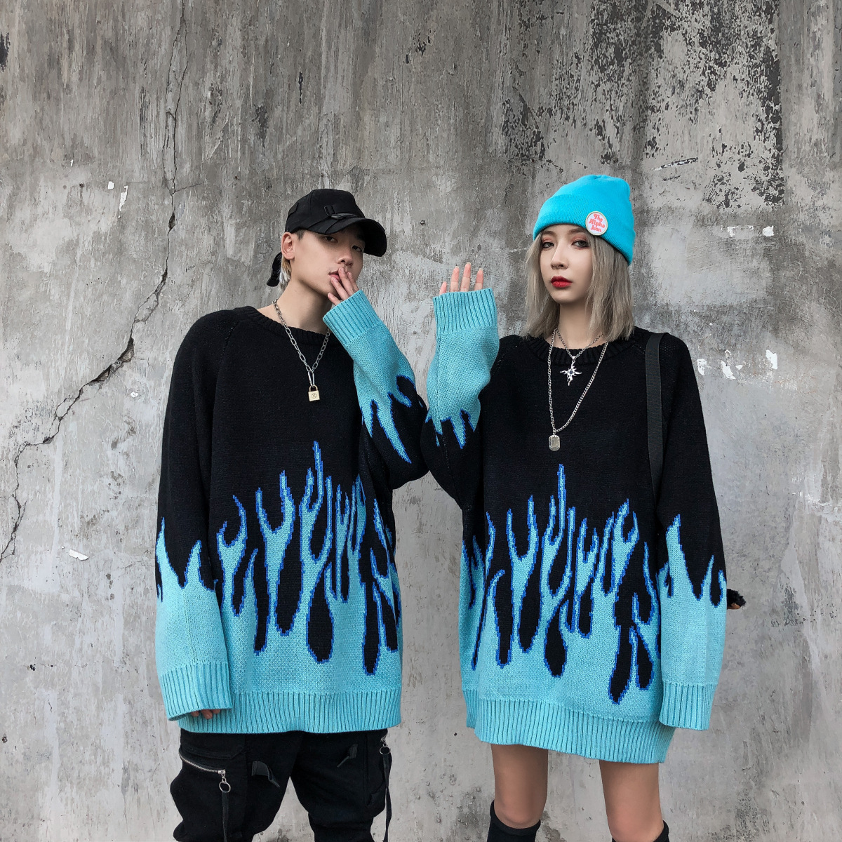 Flame Knit Crewneck Sweater Unisex Men’s Women’s Hip Hop Flames Knitted O-Neck PulloveHarajuku Printed Pullovers Oversized Sweaters for Man WomanTrends in Sky Blue