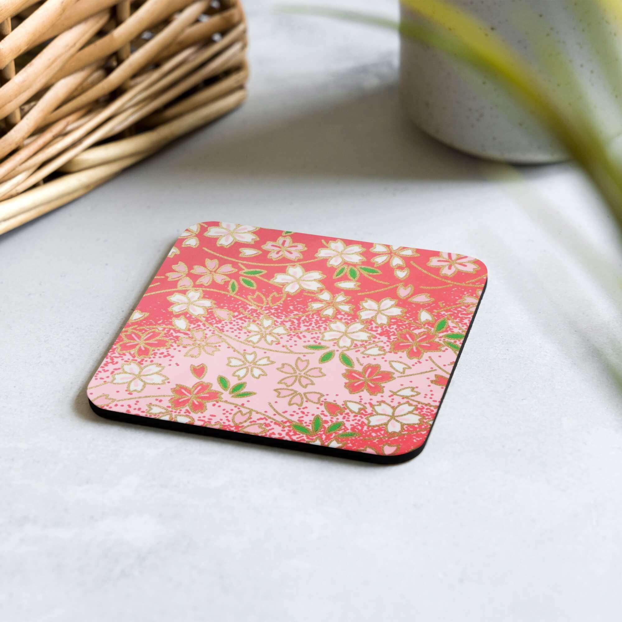 Cork-Back Japanese Floral Coaster  Japanese designed by miteigi drinks coasters in red with multicolor flowers pattern