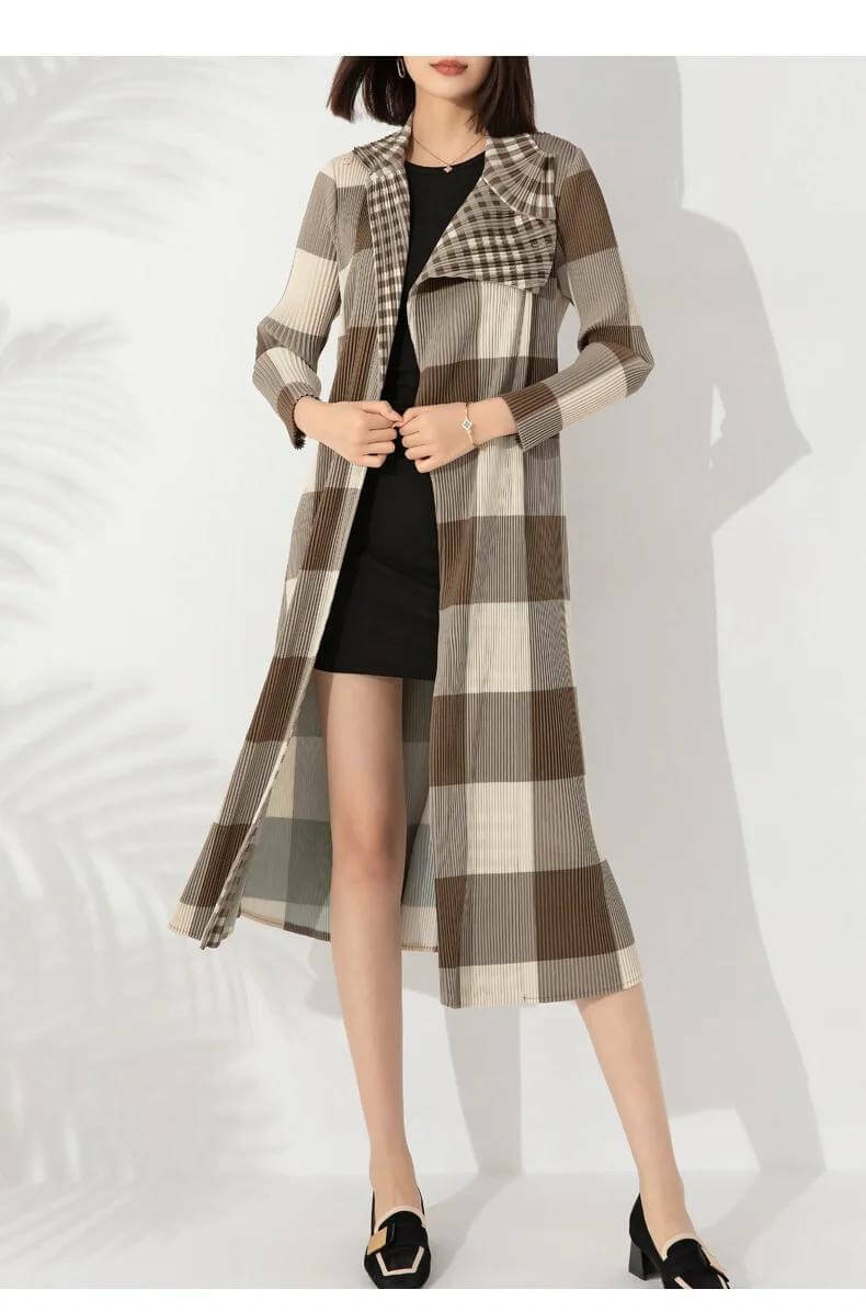 Miyake Pleated Turndown Collar Dresscoat khaki Women’s Windbreaker Chest Buckle Belt Plaid Printed long sleeves Coats dresses for woman in beige brown Womens Fashion Japanese Designer Issey fashion