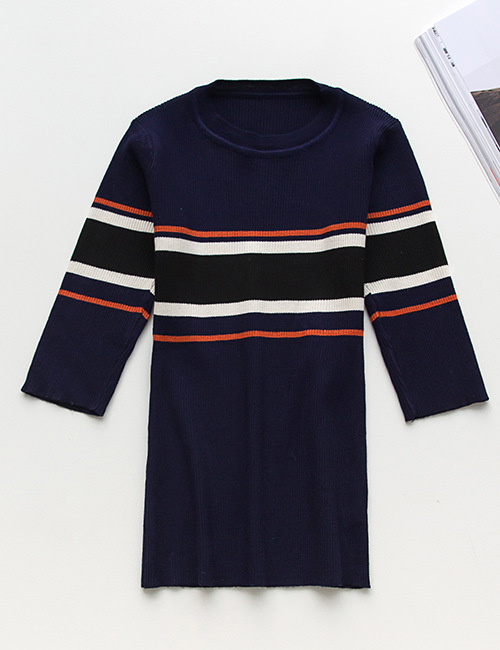 Half Sleeve Ribbed Crewneck Sweater Women Color Block Knitted Tops O-Neck Pullover Sweaters for Woman Trending in dark blue