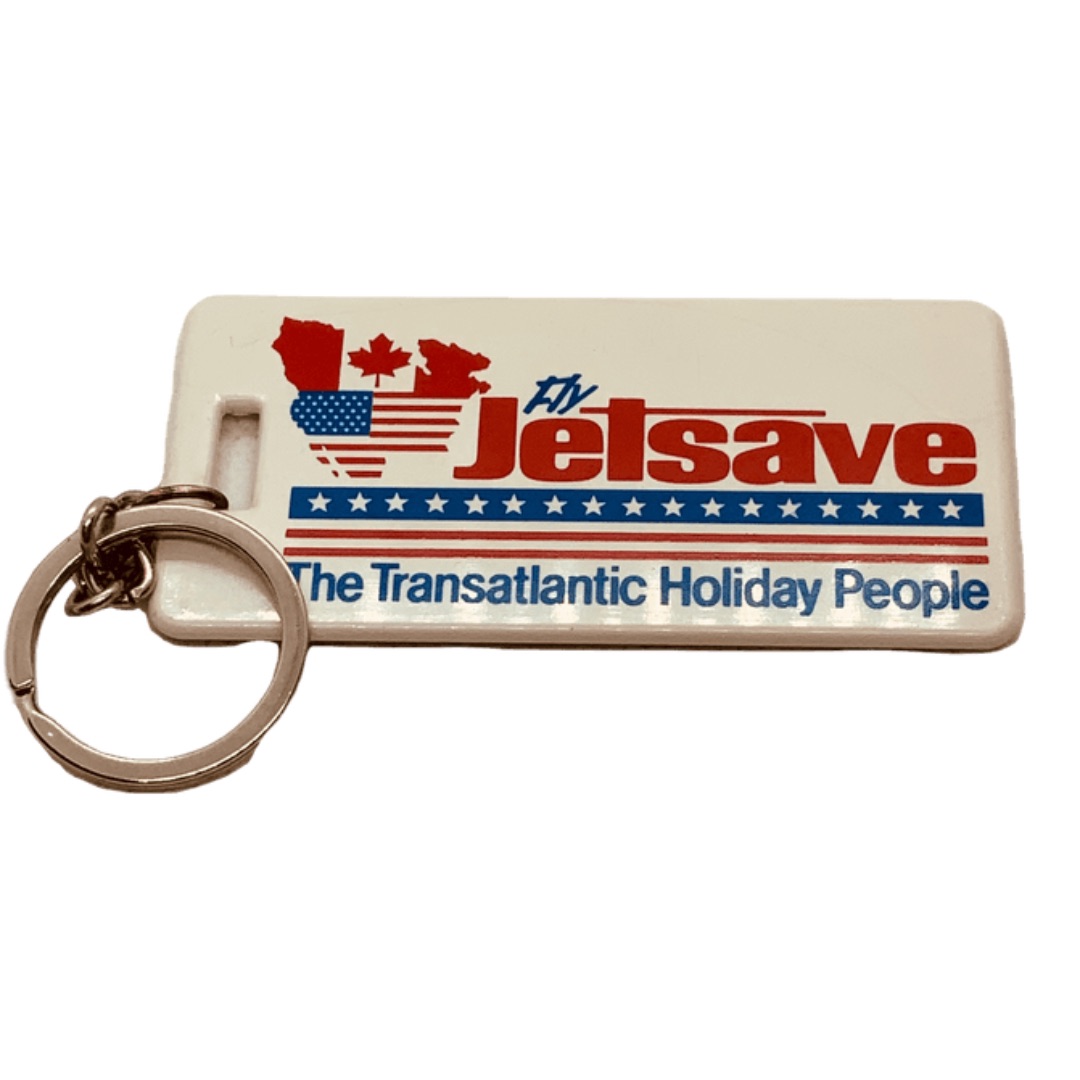 JETSAVE Luggage Tag Keychain FOB Vintage circa 1982 Fly The Transatlantic Holiday People Print Bag Keychains Baggage Tags Collectors Travel Holidays Getaway Accessories Antiques