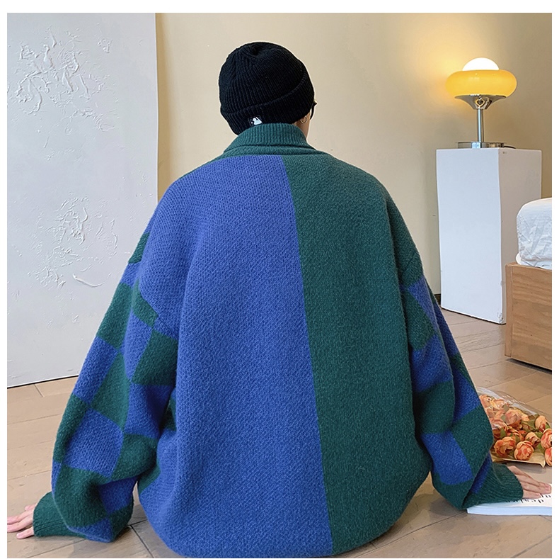 Ribneck Turtleneck Sweater   Unisex Anywear Men's Women’s Knitwear Autumn Loose Couple Contrast Color Plaid Male Knitted Pullovers Sweaters Ribbed Plus Size Trending for Man Woman in blue 