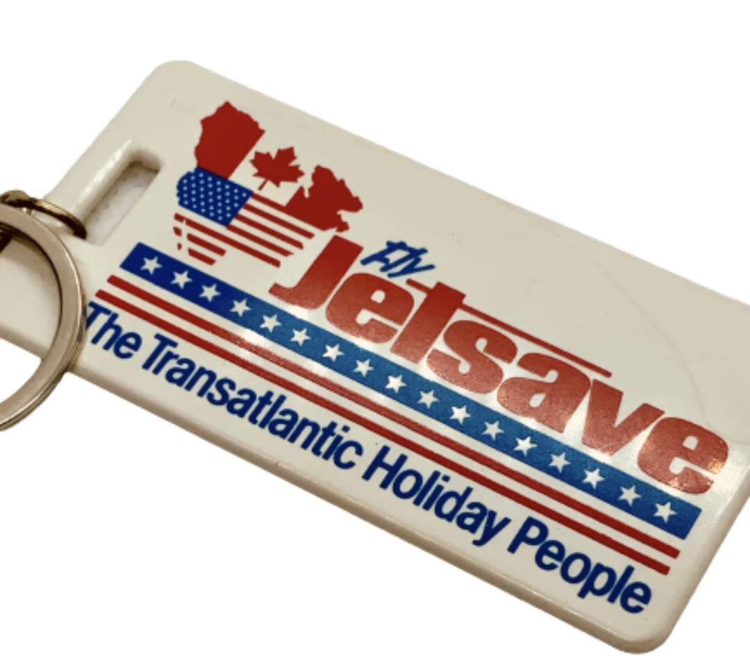 JETSAVE Luggage Tag Keychain FOB Vintage circa 1982 Fly The Transatlantic Holiday People Print Bag Keychains Baggage Tags Collectors Travel Holidays Getaway Accessories Antiques