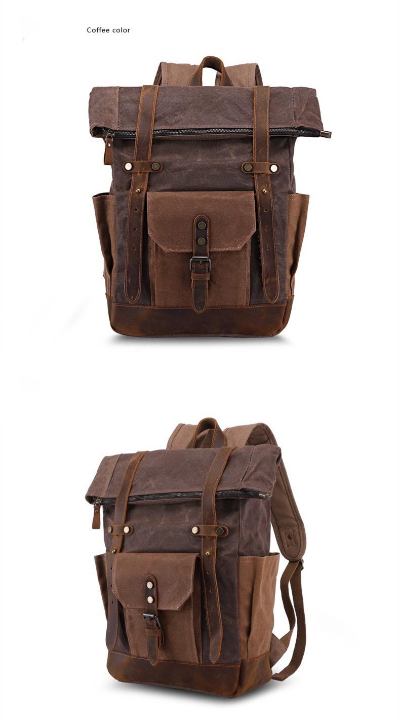 Oil-Waxed Canvas Backpack  Unisex Anywear Men's Women’s Vintage Style Leather Belts Large Capacity Unisex Hiking Bags Multi-Function Travel Backpacks Voffee brown 
