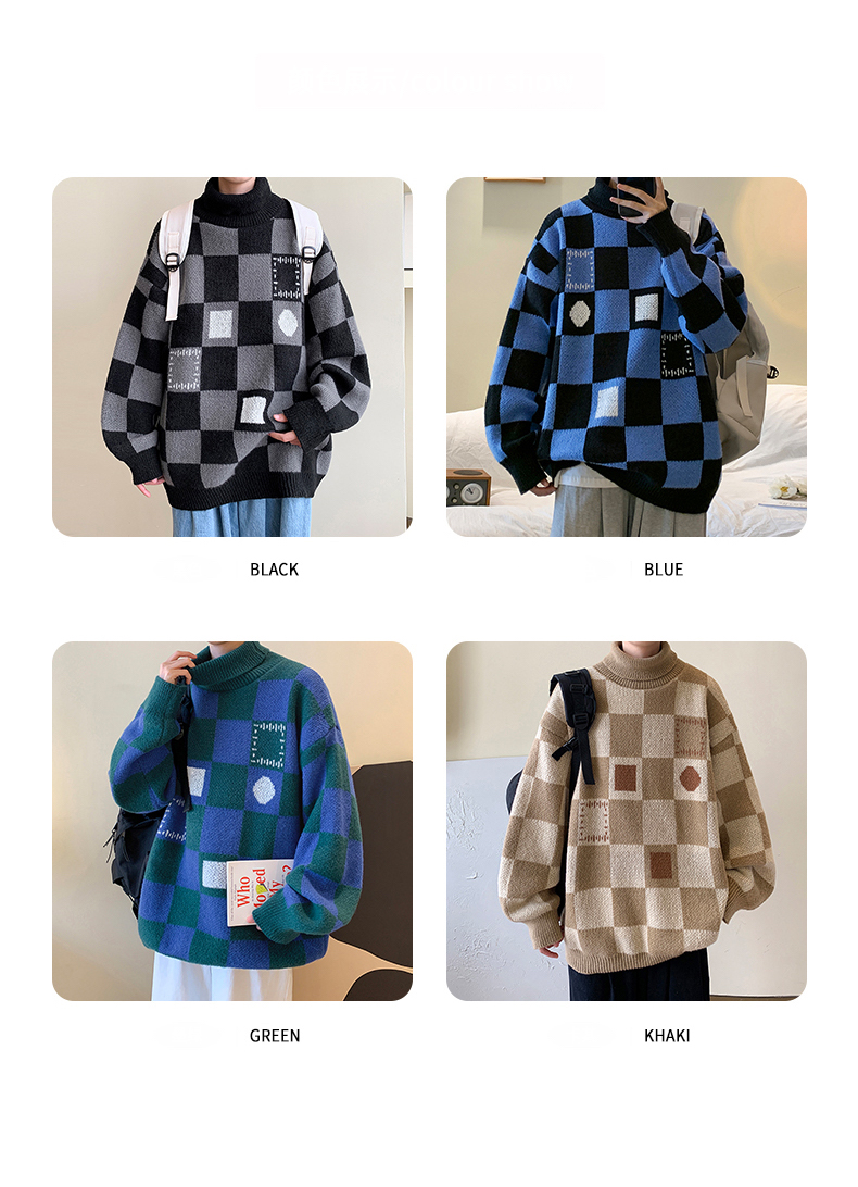 Ribneck Turtleneck Sweater   Unisex Anywear Men's Women’s Knitwear Autumn Loose Couple Contrast Color Plaid Male Knitted Pullovers Sweaters Ribbed Plus Size Trending for Man Woman in black Blue Green