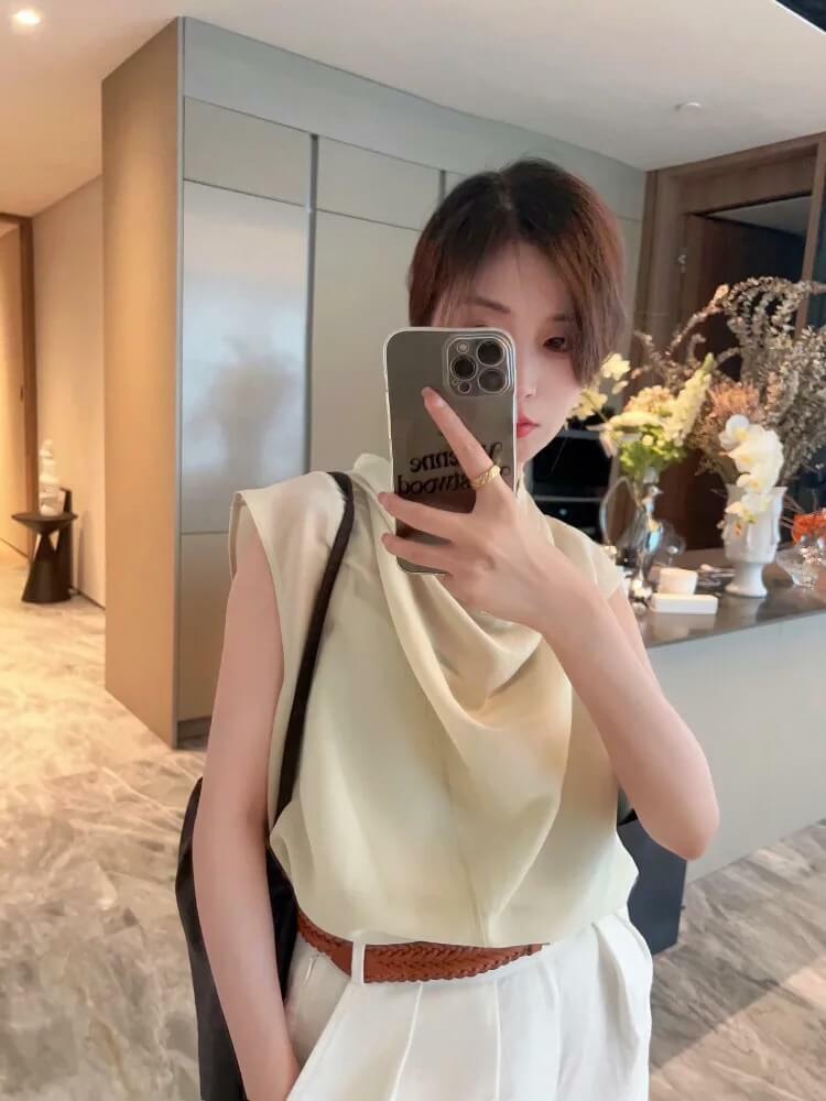 Viscose Top   Women’s Shirt Sleeveless Cowls Collar Casual Vintage High Street Solid Color Elegant Trendy womens Shirts Tops for woman in white Spring Summer fashion season