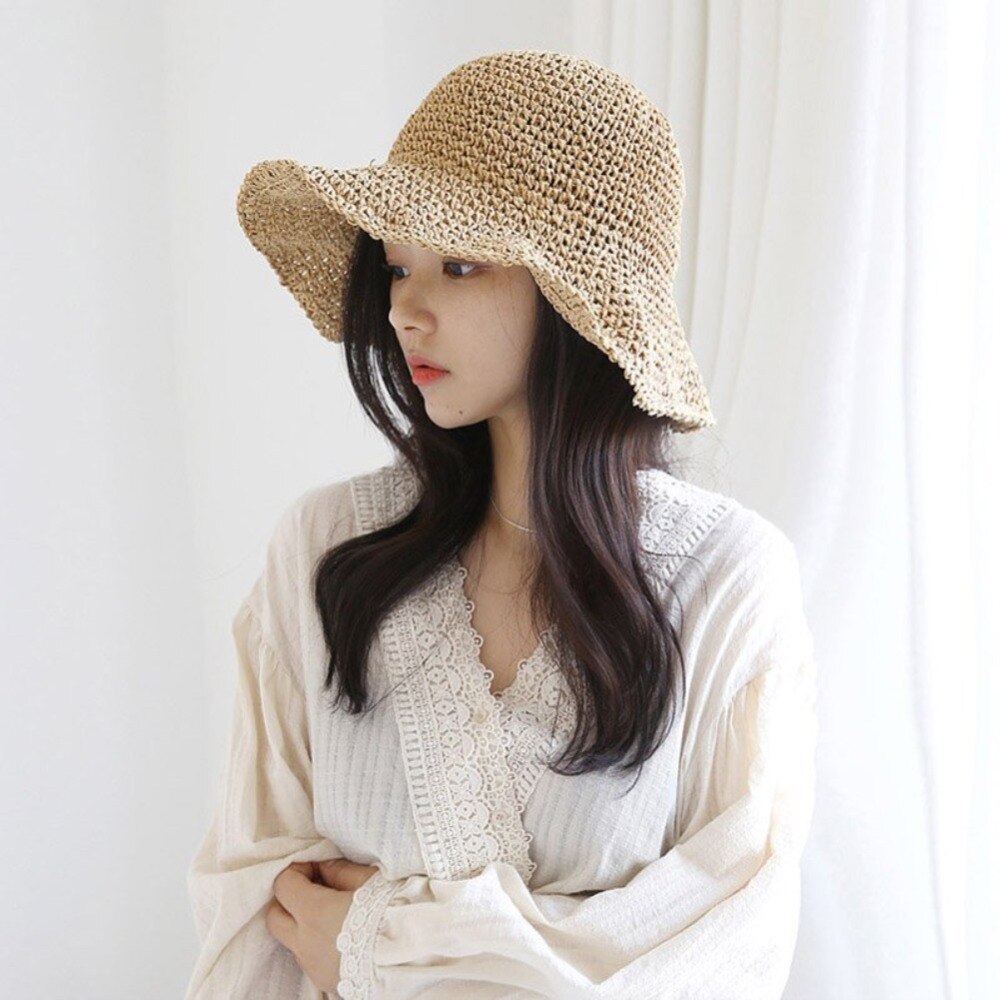 Foldable Cotton Beach Hat    Women's Korean style Foldable Beach Travel Casual Breathable Sunhat Headwear Hats for Woman in Khaki