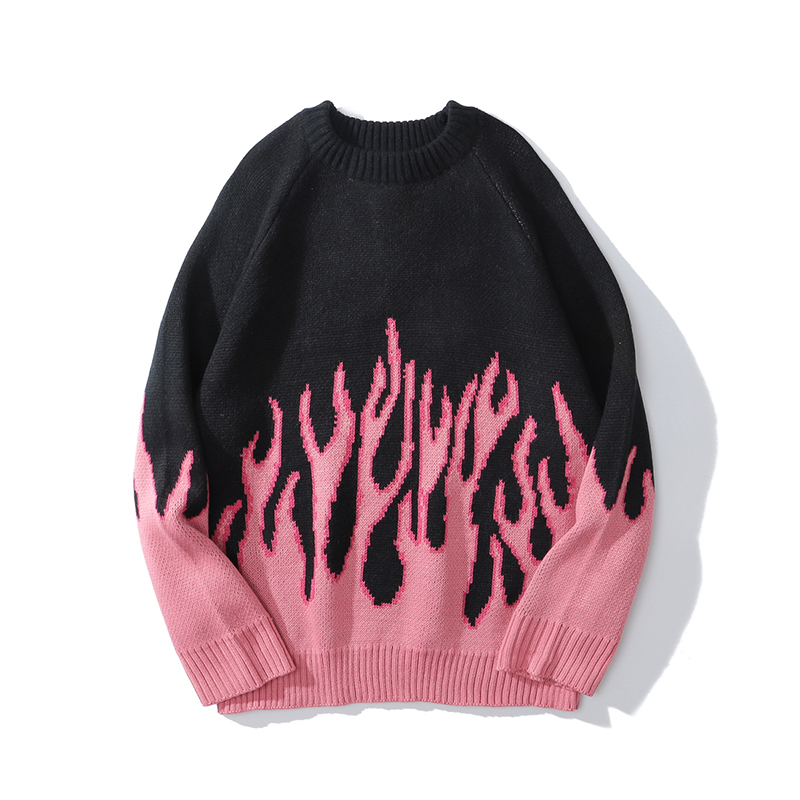 Flame Knit Crewneck Sweater Unisex Men’s Women’s Hip Hop Flames Knitted O-Neck PulloveHarajuku Printed Pullovers Oversized Sweaters for Man Woman Trend in Pink