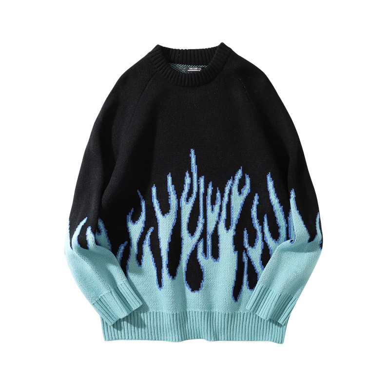 Flame Knit Crewneck Sweater Unisex Men’s Women’s Hip Hop Flames Knitted O-Neck PulloveHarajuku Printed Pullovers Oversized Sweaters for Man WomanTrends in Sky Blue