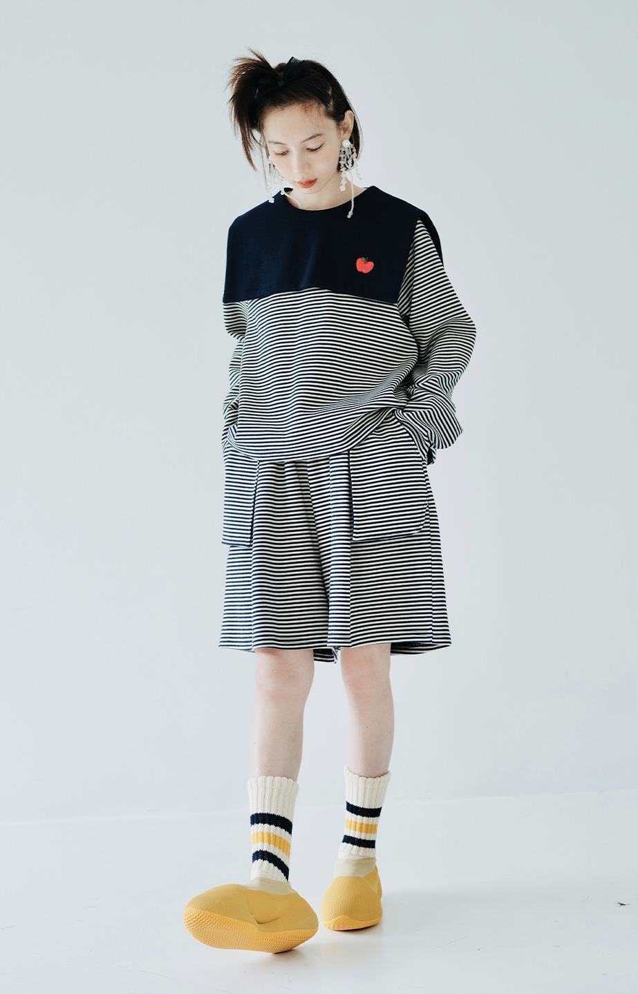 Stripe Mid-Rise Shorts with Big Pockets Women’s Japanese Original Designer Dark Blue Striped Mid Rise Elastic Waist With Pockets Casual Versatile Trendy Short Japan Fashion Pants Trending for Woman