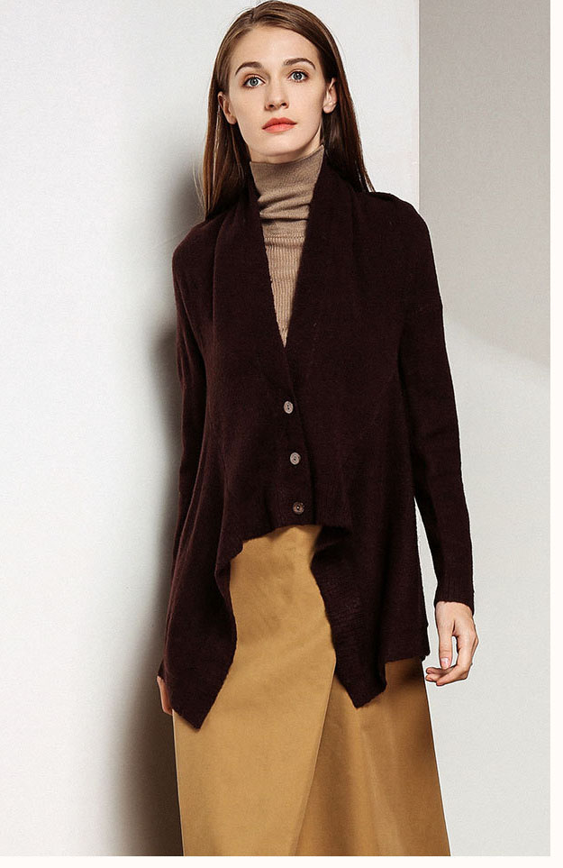 Asymmetrical Cardigan Sweater Women’s Elegant Shawl Collar Draped Knitted Cardigans for Woman Trend in Auburn Brown