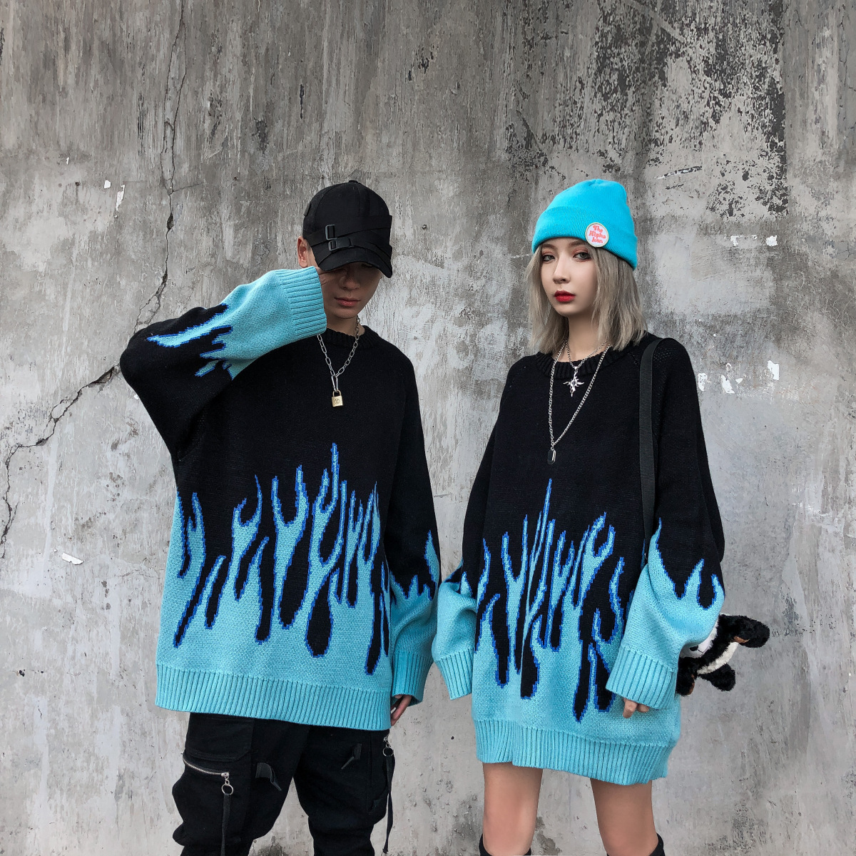 Flame Knit Crewneck Sweater Unisex Men’s Women’s Hip Hop Flames Knitted O-Neck PulloveHarajuku Printed Pullovers Oversized Sweaters for Man WomanTrends in Sky Blue