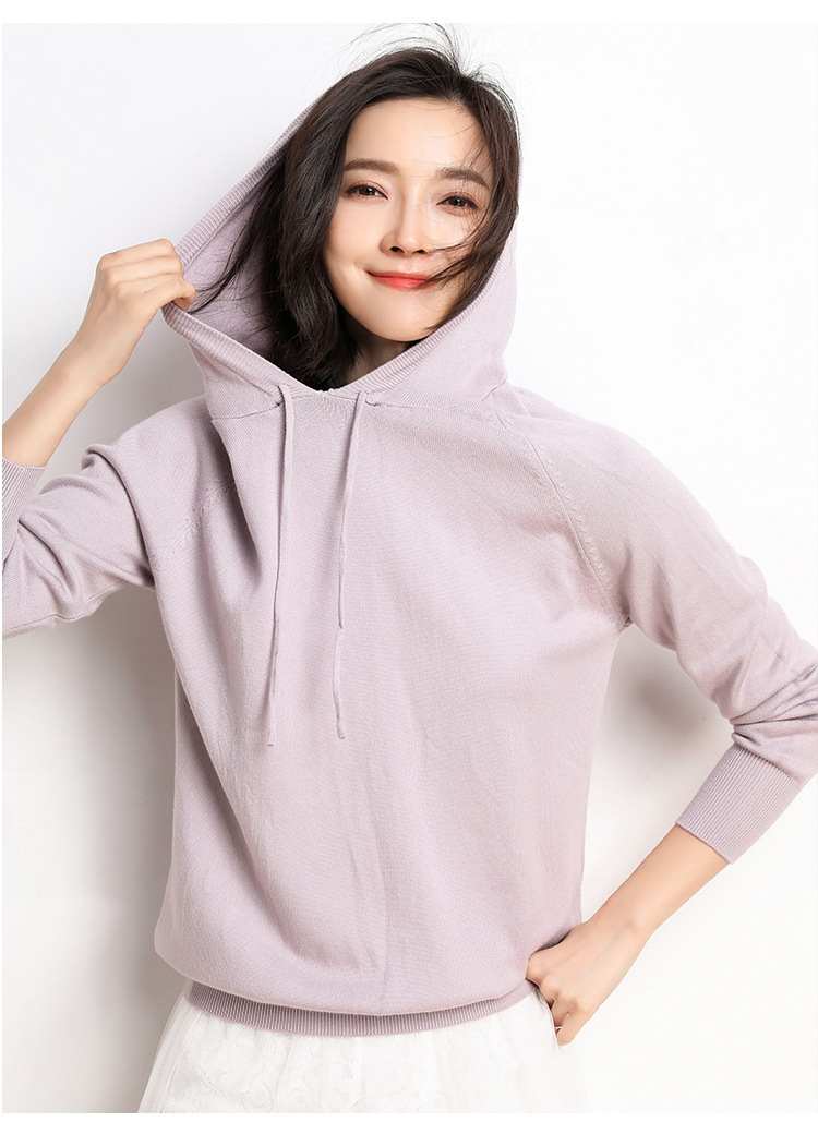 Hooded Knit Drawstring Sweater Women’s Classic Sports Knitted Pullover Hoodies Casual Knitwear Sports Activewear for Woman in Light Lilac Purple