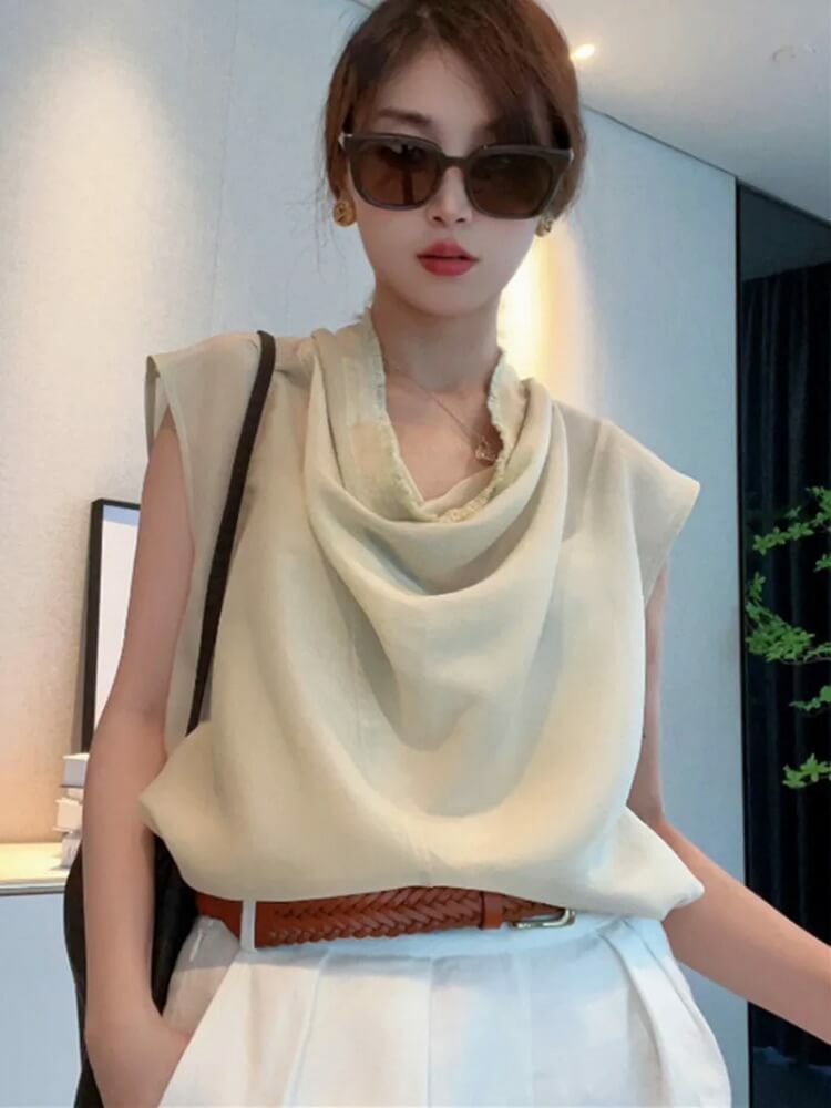 Viscose Top   Women’s Shirt Sleeveless Cowls Collar Casual Vintage High Street Solid Color Elegant Trendy womens Shirts Tops for woman in white Spring Summer fashion season