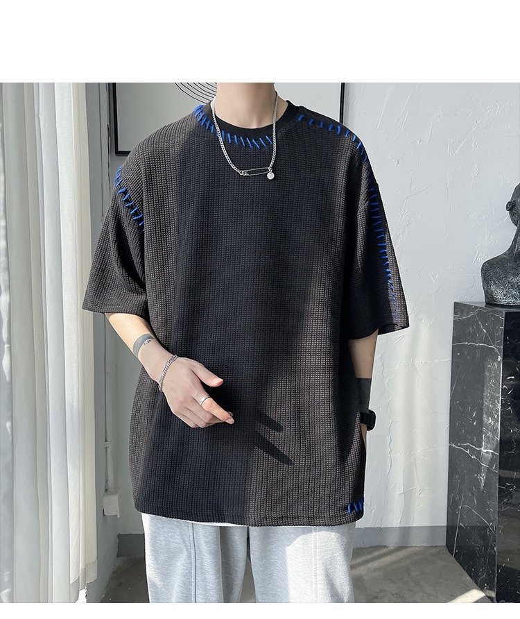 Waffle Stitch Sew T-Shirt   Anywear Men's Women’s Manual Sewing Summer Korean Man Oversized Short Sleeve Mens Tshirt Streetwear Unisex Tops Tees Korea T-shirts Plus Size for Man Woman in Black