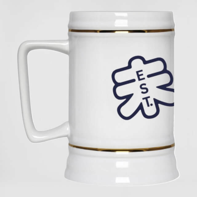 miteigi Arch Logo Beer Stein 22oz   Ceramic Cup with Handle Bar Creative Water Juice Steins Drinkware Mugs in white with golden trim miteigi logo branded in blue with black red pattern 