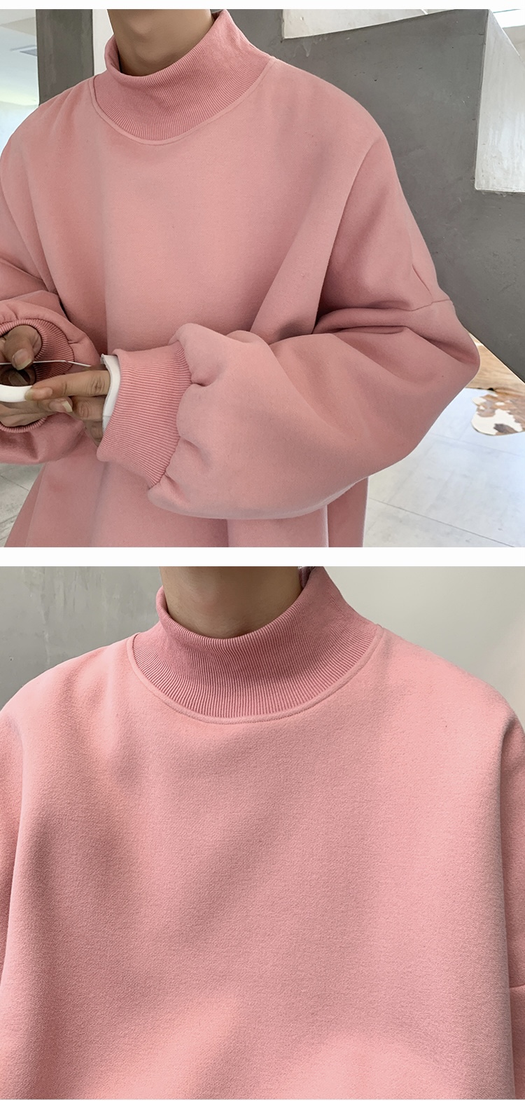 Ribbed Turtleneck Sweatshirt   Men's Autumn Winter Solid Color Male Jumpers Hoodies Casual Unisex Anywear Mens Women’s Pullovers Rib Sweatshirts for Man Woman in Pink