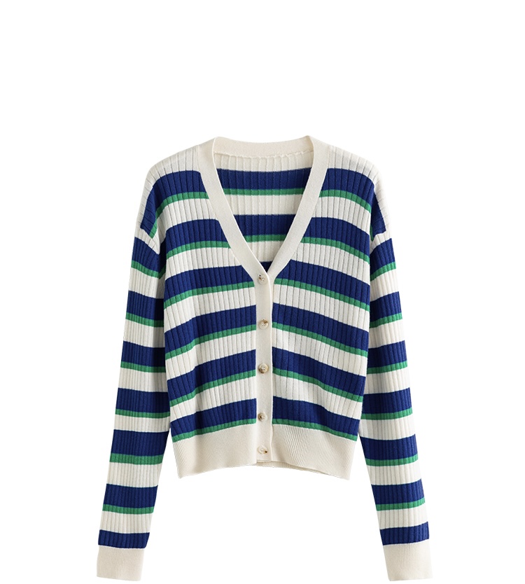 V-Neck Knit Cardigan Sweater Women’s Stripe Knitted Wear Casual Lazy Striped Tops Vintage Casual Female Striped Cardigans for Woman in Blue